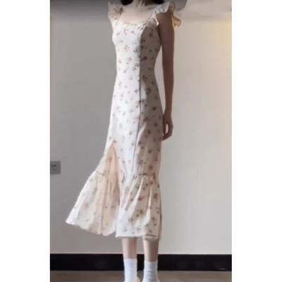 Retro Xiaofei Sleeve Floral Suspender Dress for Children, Slim and Thin, Beautiful Split-ended Long Dress In Summer