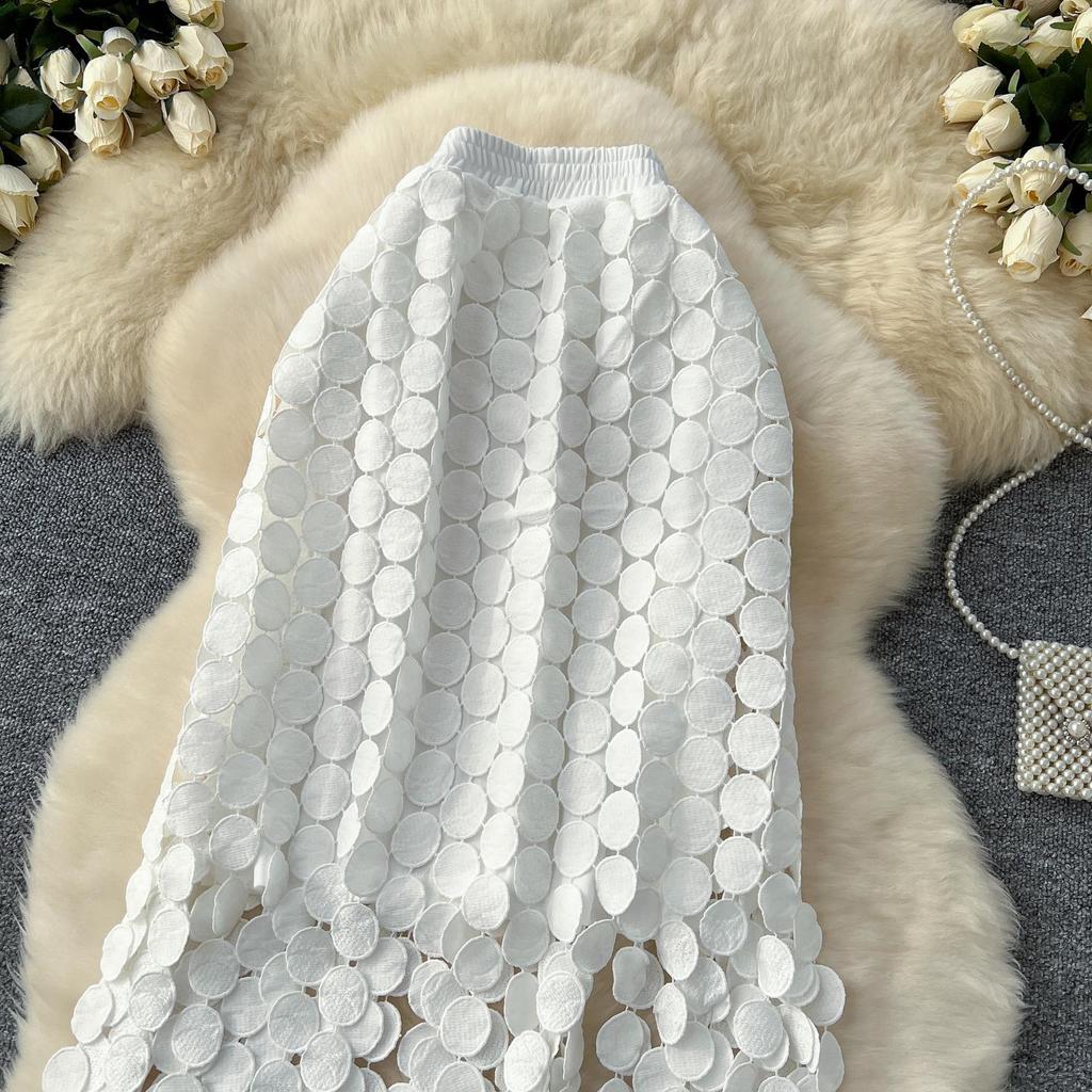 DIMANAF 2025 Neue Rock Frauen Stricken Spitze Lange Urlaub Solide Aushöhlen Sexy Dot Sommer Stil Lose Grundlegende Kleid