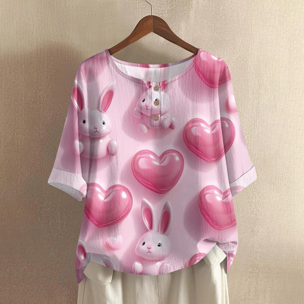 Damska koszulka z nadrukiem na Walentynki, casualowa, z krótkim rękawem, okrągłym dekoltem, z bawełny i lnu