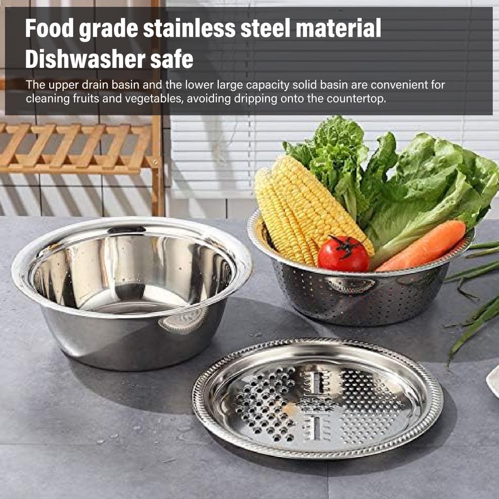 Multifunctional 201 Stainless Steel Grater Basin 3 In 1 Grater Strainer with Drain Basket Salad Maker Bowl