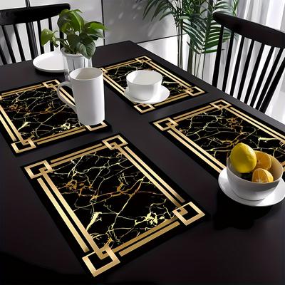 4pcs Black Golden Element Patterned Tableware Mats, Coasters, Table Pads, Suitable for Kitchen Dining Tables, Party Decoration Placemats