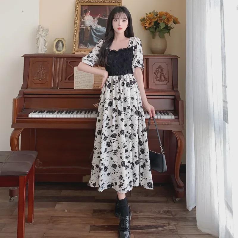 2024 Summer Floral Knee-Length Dress with French Puff Sleeves and Waist-Slimming Design