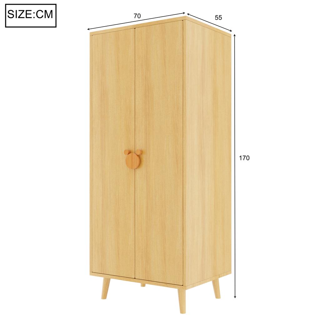 Kleiderschrank (Einzelstück 70 × 55 × 170 cm), Doppeltürdesign mit großen Staufächern, griffförmige Cartoon-Griffe und erhöhte Füße, Holzfarbe