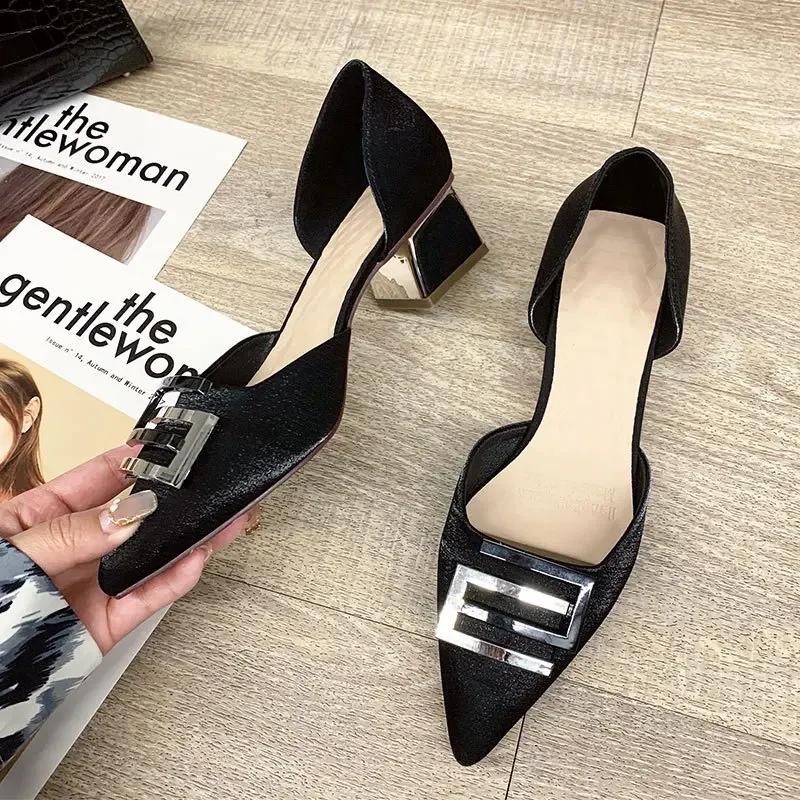 Fashion Women's Spring and Summer New Pointy High Heels Metal Buckle Wine Red Light Mouth Thick Wedding Shoes