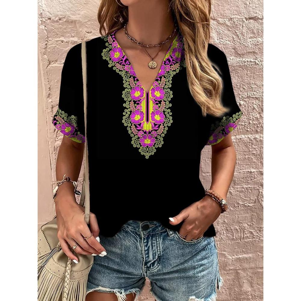 Vintage Women's T-Shirt Ethnic Harajuku Print Summer Outdoor Casual V-Neck Short Sleeve