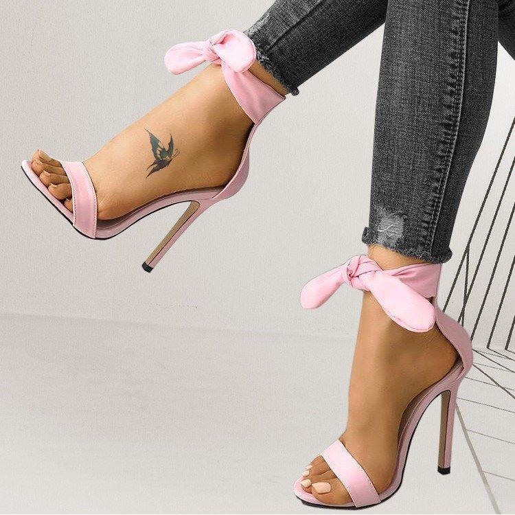 Large Size Women's Shoes Are Fashionable and Sexy, Solid Color Simple Bow with Buckle High-heeled Sandals