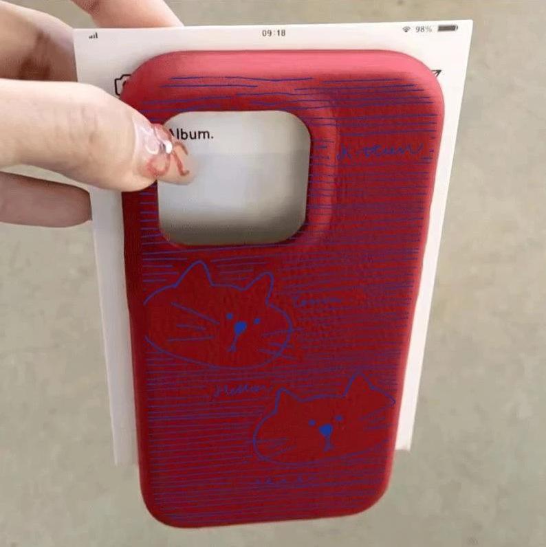 

Blue Line Cat for Apple 16pro Mobile Phone Case 15proma X Soft Glue 13p Imitation Leather 12pro Cartoon For Apple 11