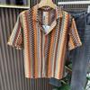 Men's Retro Geometric Striped Knit Shirt Short Sleeve Camp Collar CDown Boho Ethnic Pattern Summer Top