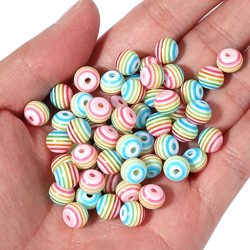 50pcs/Lot Rainbow Color Stripe Pattern Flat Round Resin Beads for Jewelry Making Acrylic Beads Loose Spacer Beads DIY Bracelet