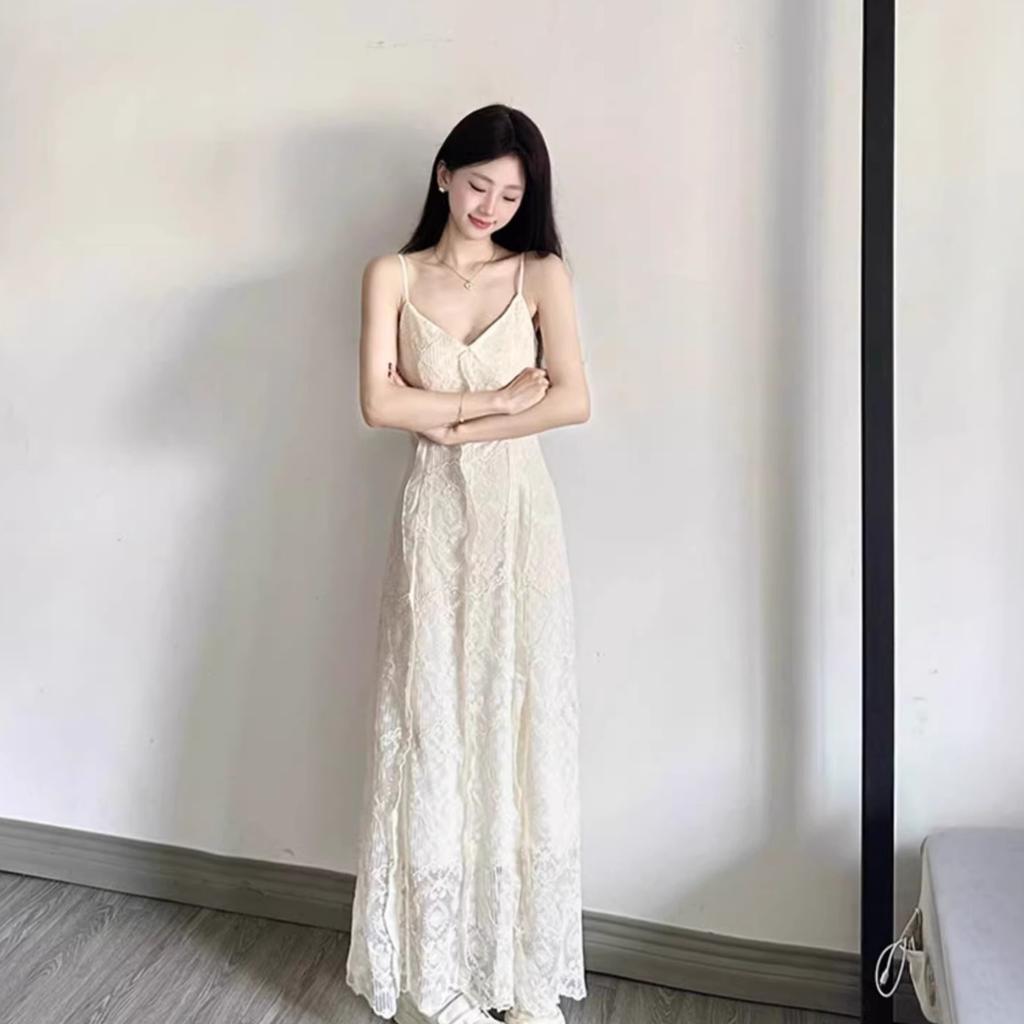 French jacquard lace splicing suspender dress for women in summer, beautiful waist and thin temperament fairy dress