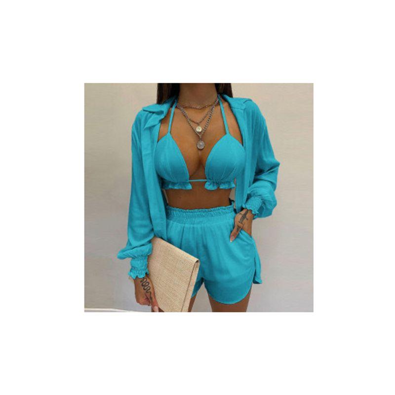 

Three-Piece Shorts Spring Summer Women s Wear New Arrival European and American Hot Sexy Solid Color Printing Three-Piece Suit Blue M
