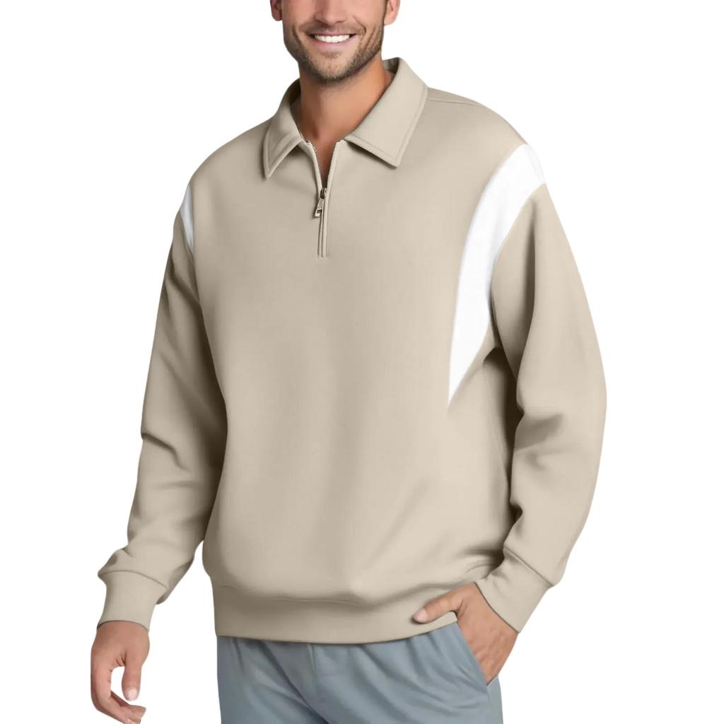 Men's Lapel Half Zipper Contrast Color Patchwork Casual Long Sleeve Pullover Sweatshirts Tops