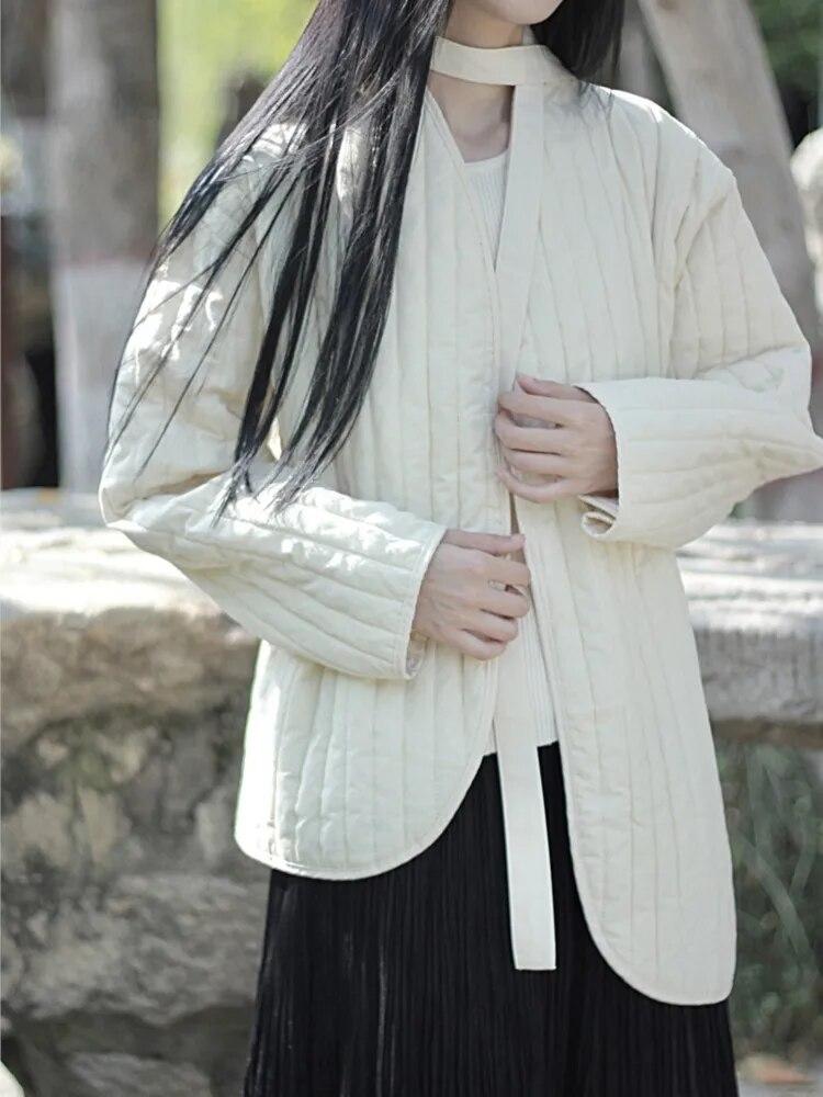 Johnature Women Chinese Style Plus Cotton Parkas Bandage Long Sleeve Winter Coats Solid Color Women Vintage Parkas
