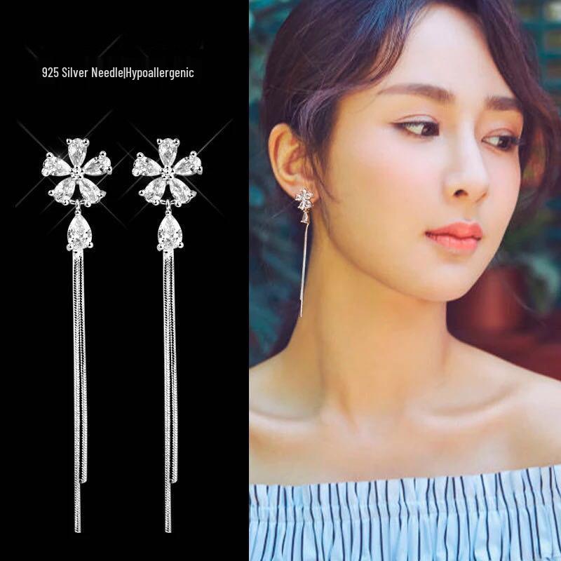 S925 Silver Five-Petal Cubic Zirconia Flower  Pearl Butterfly Tassel Earrings for Women