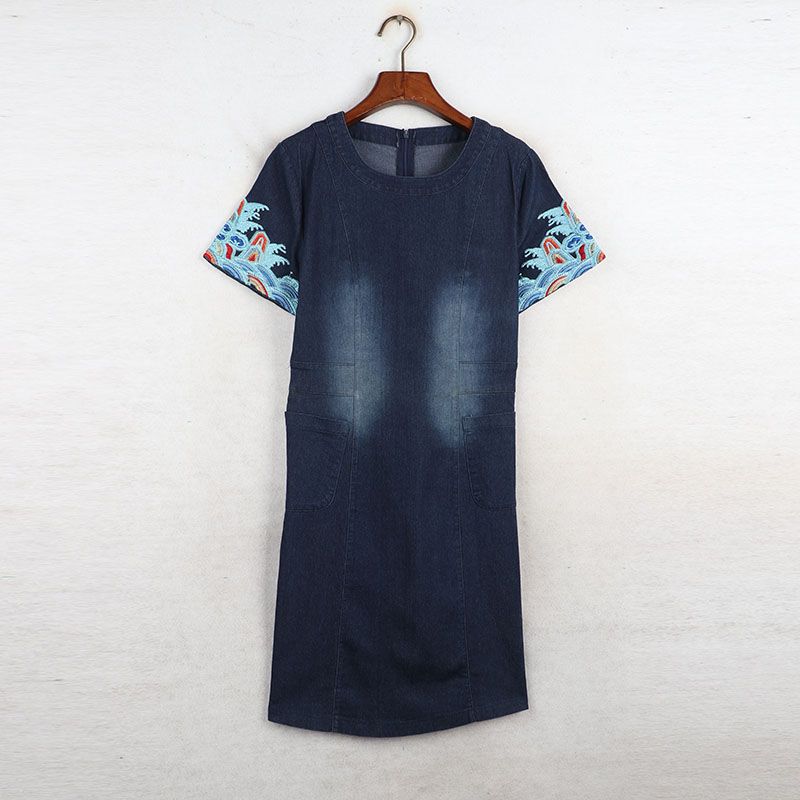 

Sunshine House Summer New Arrival K-style Women s Clothing Machine Embroidery round Neck Short Sleeve Denim Skirt Dress Denim color Bust size 84