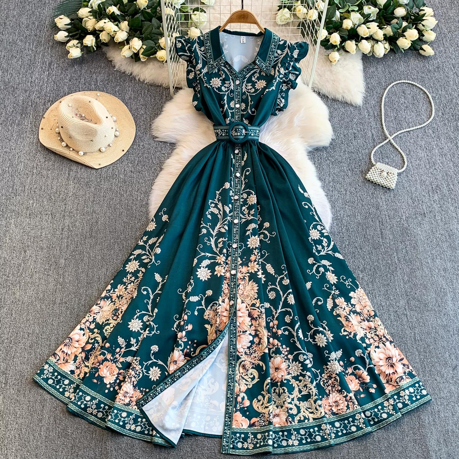 

Women s Vintage Floral Print Slim Fit Shirt Dress with Belt Summer Fashion Flying Sleeve Single-Breasted Elegant Casual Dress 2XL зелений