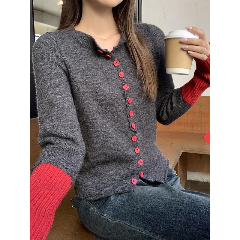 Gilet Tricoté Patchwork Chic Jaune Clair pour Femmes Nouveau Automne et Hiver Slim Doux Épicé Manches Longues Manteau Haut