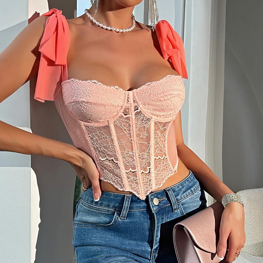 Europe and America Lace Tie Straps Tops Steel Ring Fishbone Hollowing Out Sling Fashionable Girls Cool and Refreshing In Summer