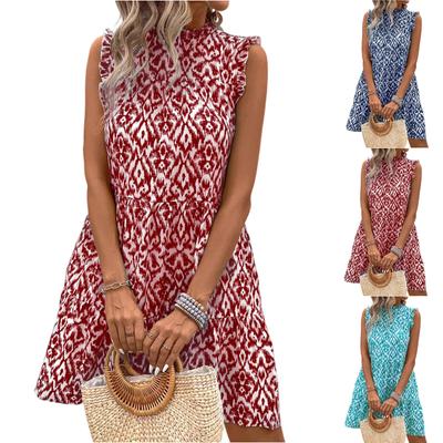 Kadın Günlük ve Moda Dantel Yakalı Baskılı Kolsuz Elbise Kolsuz Elbise