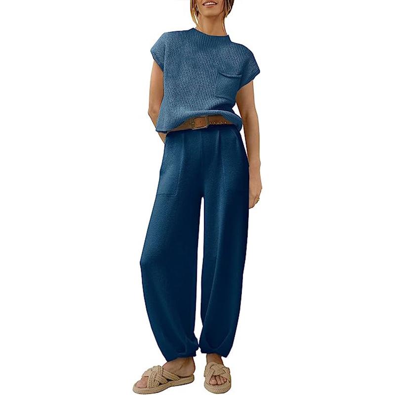 2023 Women's Two-Piece Casual Knit Sweater Set - Short Sleeve, Comfortable Fashion Outfit