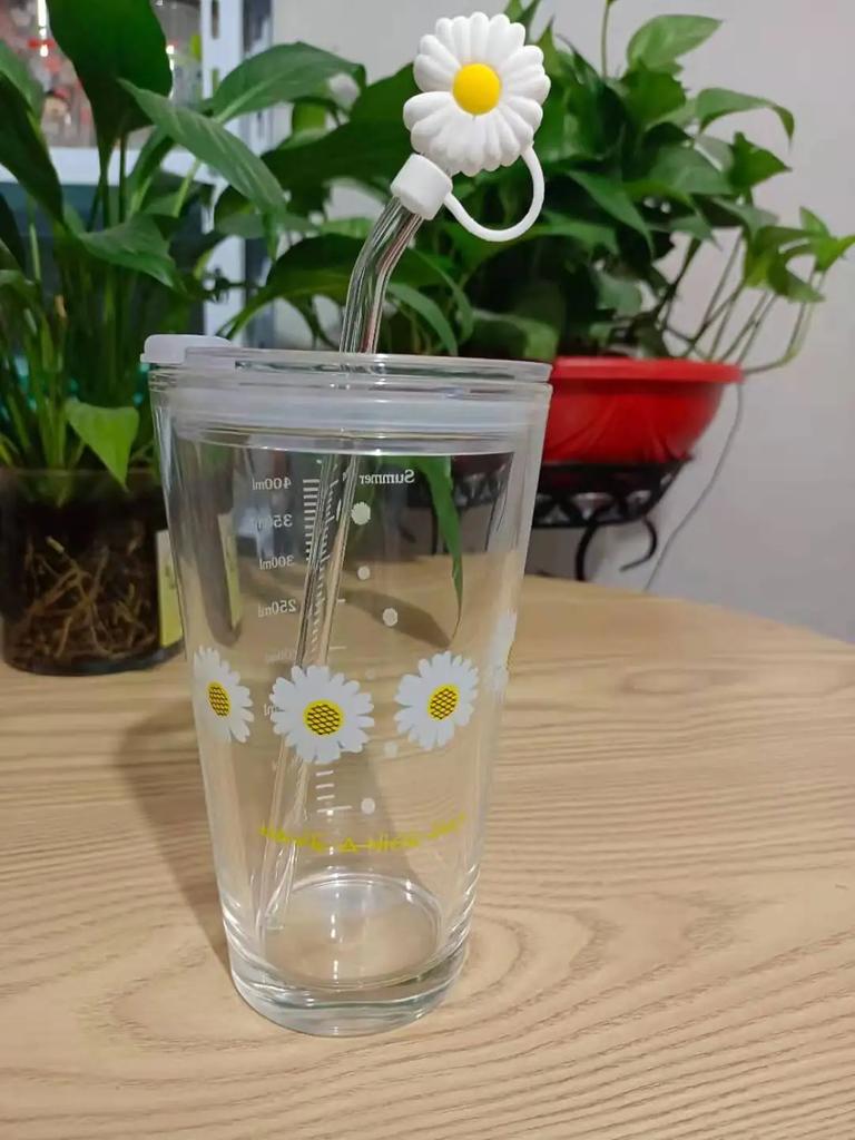 New 480ML Kawaii Glass Straw Cup with Cover Cartoon Water Cup Drinkware Juice Tea Coffee Milk Cup Glass Mugs Gift