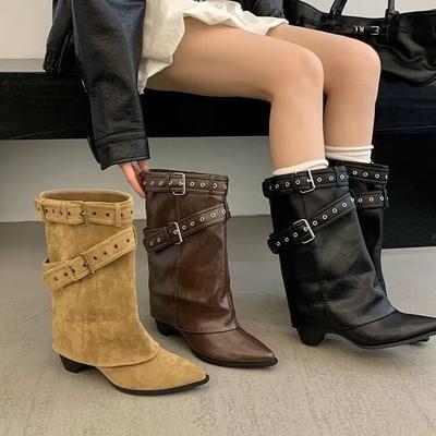 Rindslederversion~ Spice Girls Hose Kurze Stiefel Damen Grober Absatz Maillard Mittelstiefel Temperament Spitz Skinny Ritter Martin Stiefel