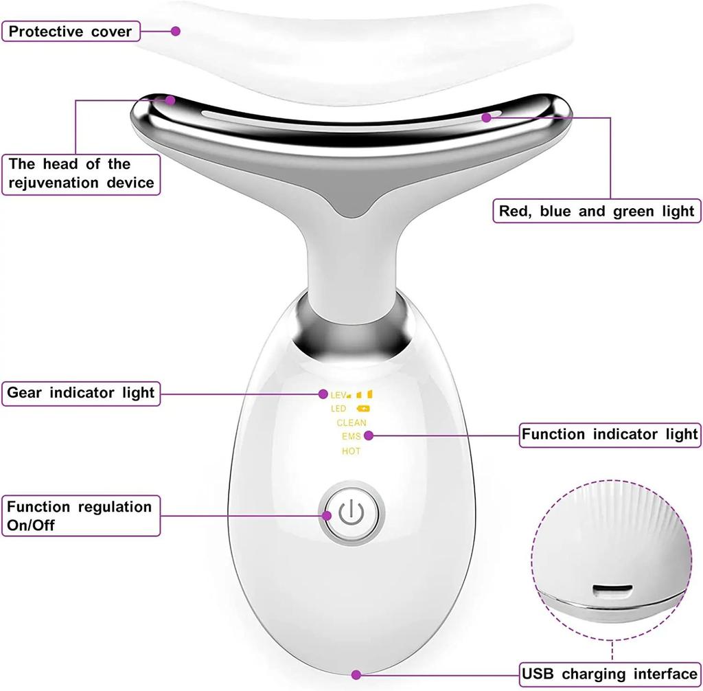 Electric Neck Massager Facial Lift Device with 3 LED Light Modes, Skin Tightening Double Chin Remover Anti Wrinkle Beauty Instrument