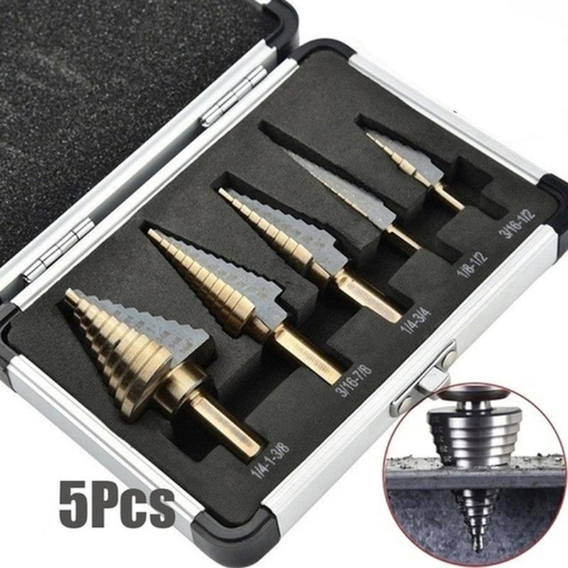 5 PCS Metal Step Drill Bit Two Spiral Grooved, 50 Sizes From 3/16" To 1-3/8", Steps Bits for Metal, Aluminum, Wood & Plastic