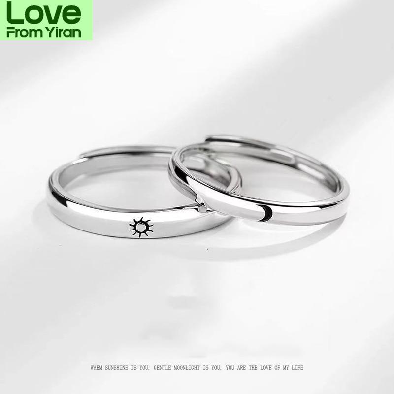 2 Pcs /Pair Sun Moon Matching Couple Friendship Lover Open Adjustable Rings Set Minimalist Engagement Nuptial Bridal Rings Lovers KitMinimalist