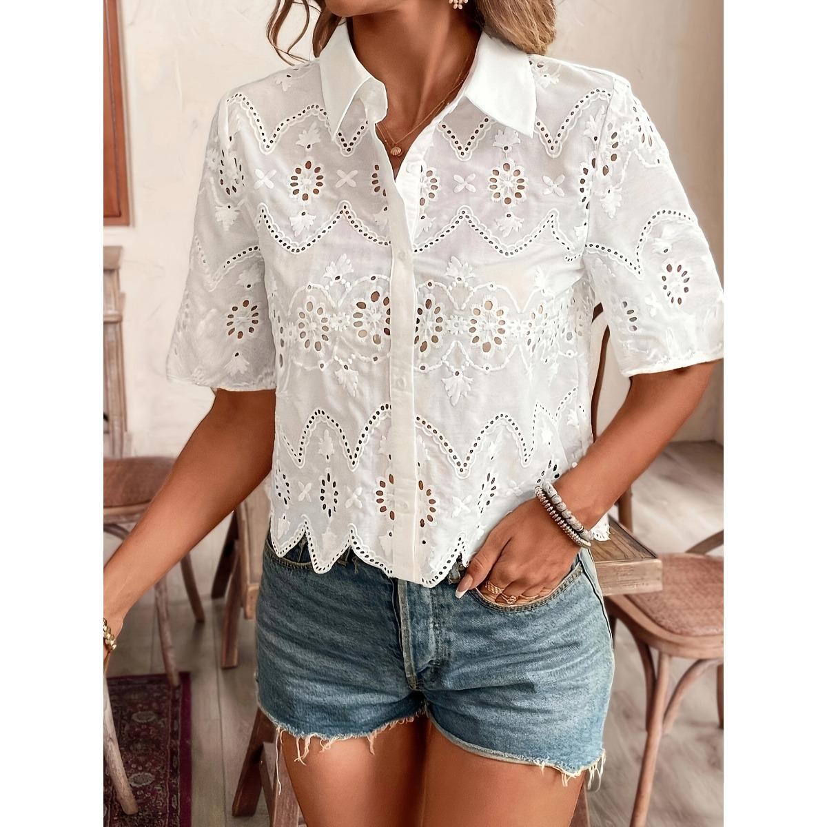 

Spring Summer Women s Solid Color Lace Trim Hollow Out Short Sleeve Casual Shirt Blouse Top For European And American Crossborder S белый