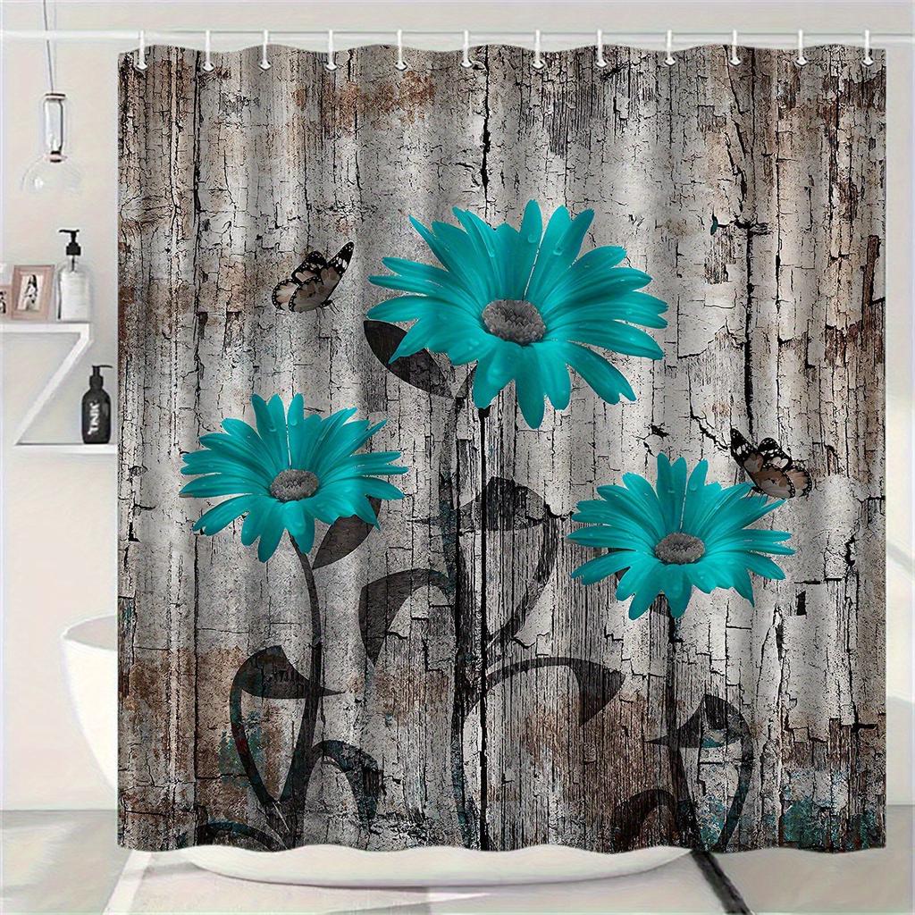 A Single, Minimalist Shower Curtain with a Blue Floral Pattern- an Elegant Natural Design Suitable for Various Settings, Include