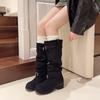 Platform Thick Heel Women Western Cowboy Boots Slip On Folded Pile Long Booties Female Shoes Autumn Winter Zapatos Mujer