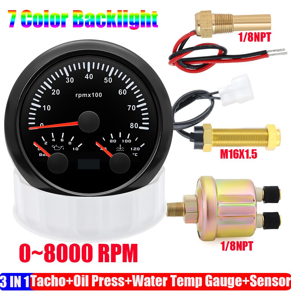 ZMFJH 3000~8000RPM 85MM Tachometer+Oil Pressure+Water Temp Gauge with Sensor 7 Color Light MultiMeter 0~10Bar for Car Boat 9-32V