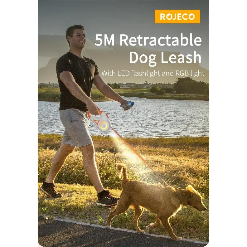 ROJECO 5M Retractable Dog Leash Automatic LED Light Luminous Roulette Leash Rope For Dogs Adjustable Pets Dog Walk Running Leads