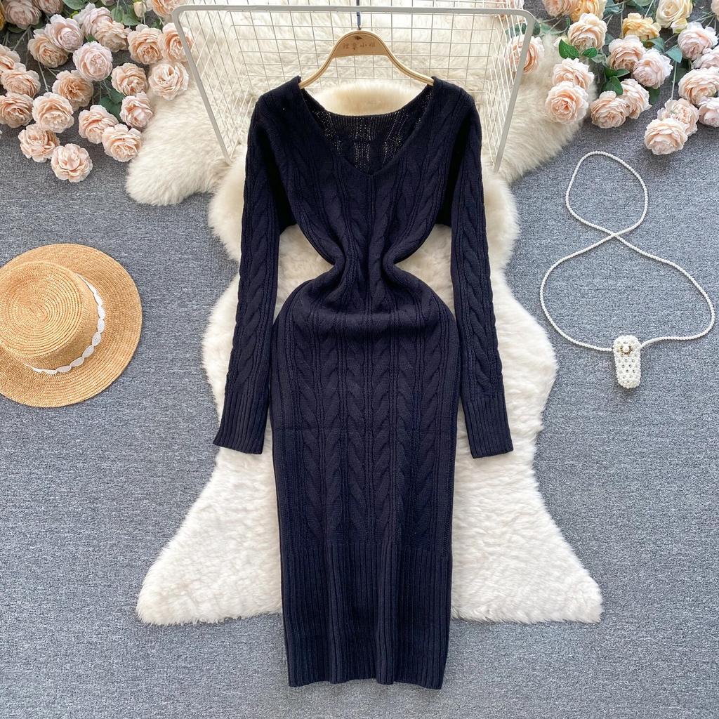 Pull mi-long pour femme, jupe de Base, rétro, fleur torsadée, coupe cintrée, tempérament, col en v, manches longues, robe tricotée, hiver