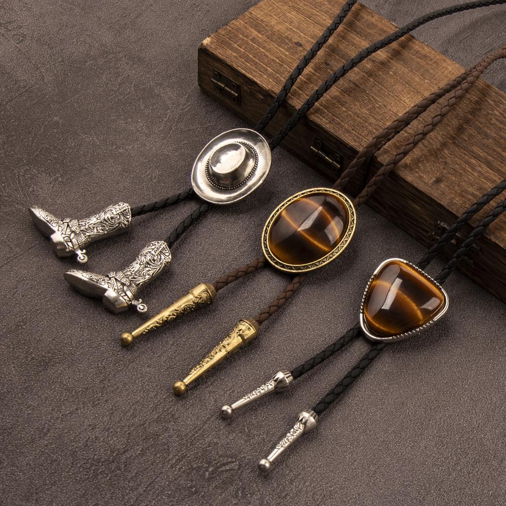 Mens Alloy Western Bolo Tie Necklace Cowboy Hat & Boots, Tigers Eye Stone Pendant, Silver & Antique Bronze Finish