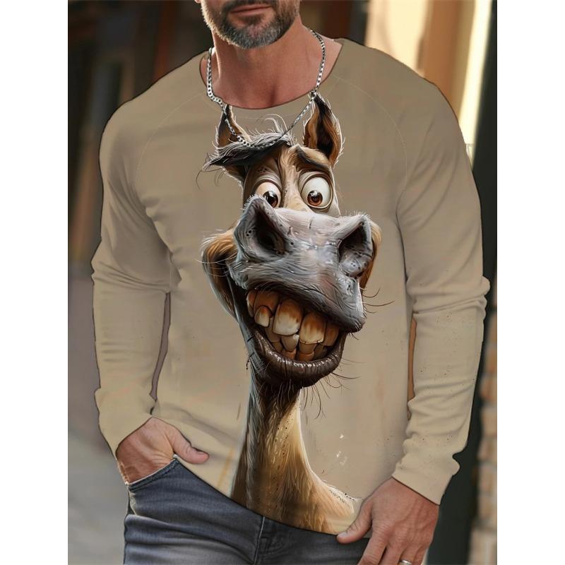 Spring and Autumn Round Neck 3D Printed Funny Animal Pattern Top Fashionable Casual Long Sleeved Men's T-shirts