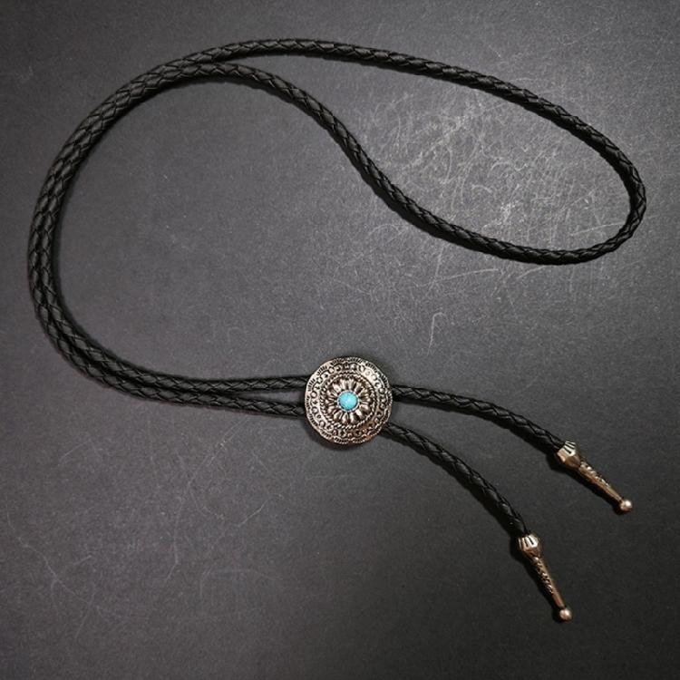 Western Shoestring Necktie Braided Belt Tie Cool Charm Engraved Stone Pendant for Women Men