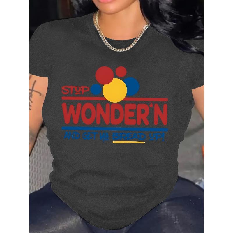 Europäische Größe T-Shirt mit Buchstabenaufdruck und Rundhalsausschnitt, Lässige lockere Kurzarm-Sommer-T-Shirts Oberteile, Damenbekleidung