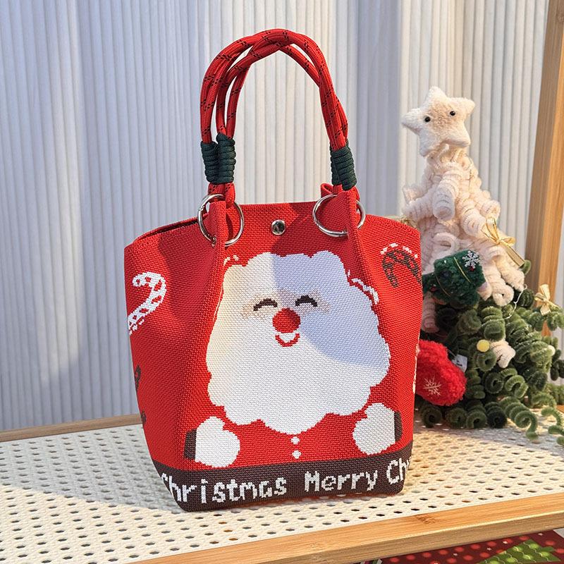 Cartoon Reindeer Santa Claus Knitted Bucket Bag For Women  Large Capacity Portable Handbag Christmas Knitted Gift Bag
