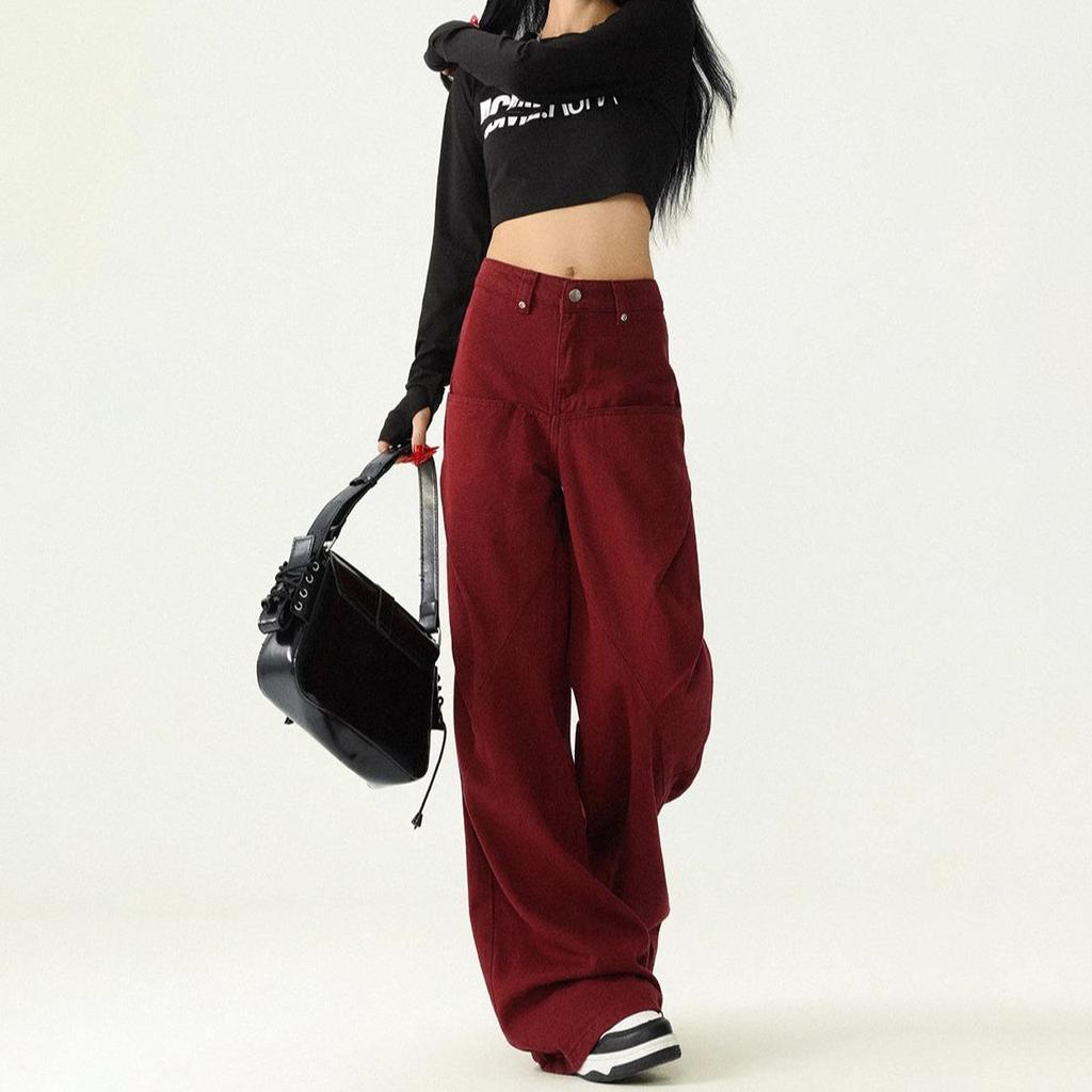 Women's Retro High-Waist Red Wide-Leg Jeans - Slimming, Versatile & Trendy