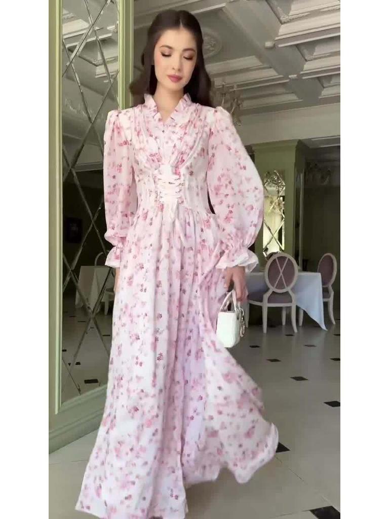 2025 Frühling Retro Elegantes Florales Langes Kleid mit Taillenbetonenden Langen Ärmeln für Damen.