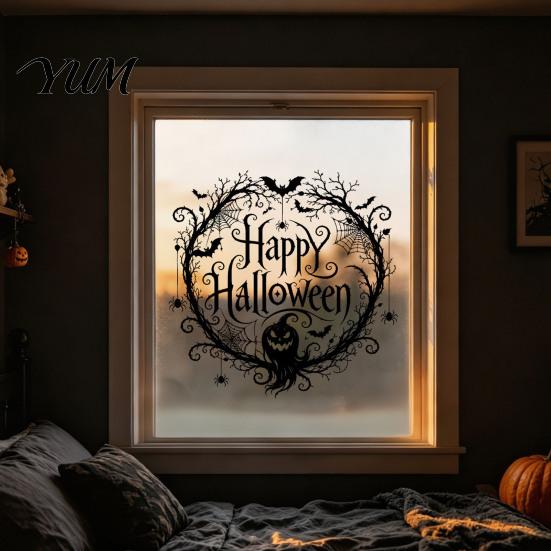 Dark Theme Party Decor Halloween Static Window Clings, Spider Web Pumpkin Happy Glass Translucent Festive Ornaments Decor, Adhesive-Free Clings Decals