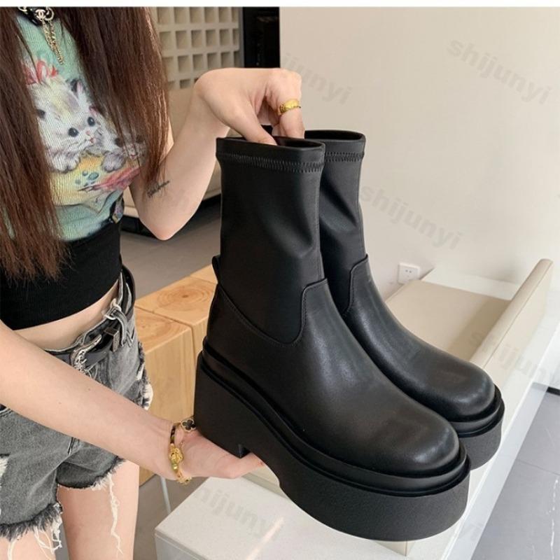 Women's Long Boots 2026 Autumn Thick Bottom Increased Height Elastic High-Tube Boots Platform Outdoor Comfortable Ankle Boots