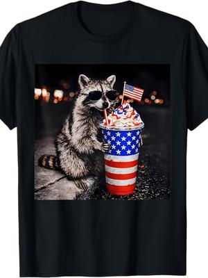 Funny Raccoon Drinking Iced Coffee Meme Us Flag 4th Of July T Shirt Unisex Medium Black