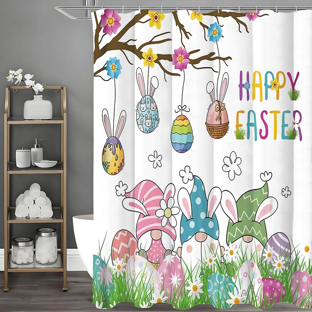 Easter Dwarf Shower Curtain, Cute Dwarf Eggs and Flowers Bathroom Decorative Shower Curtain, Waterproof Shower Curtain with Hook