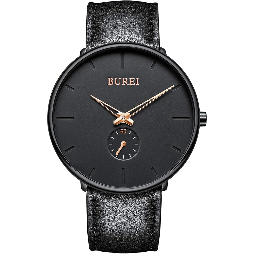 BUREI Men s Black Simple Stylish Watch with Leather Strap