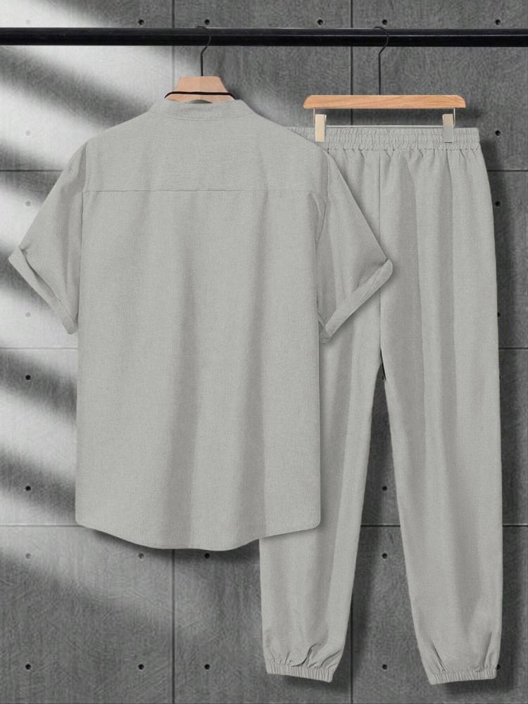 Men's Cotton and Linen Casual Button Up Shirt, Short Sleeved Pants, Solid Color Casual Suit