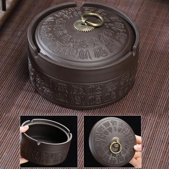 Yousheng Ceramic Ashtray with Lid Retro Chinese Style Windproof Heat-resistant Ash Holder Portable Travel Home Office Outdoor Ash Storage Tray