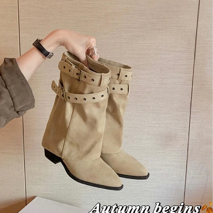 Cowhide version~ Danish trouser boots pointed buckle 6cm thick heel desert cowboy boots stacked short boots women's western boots